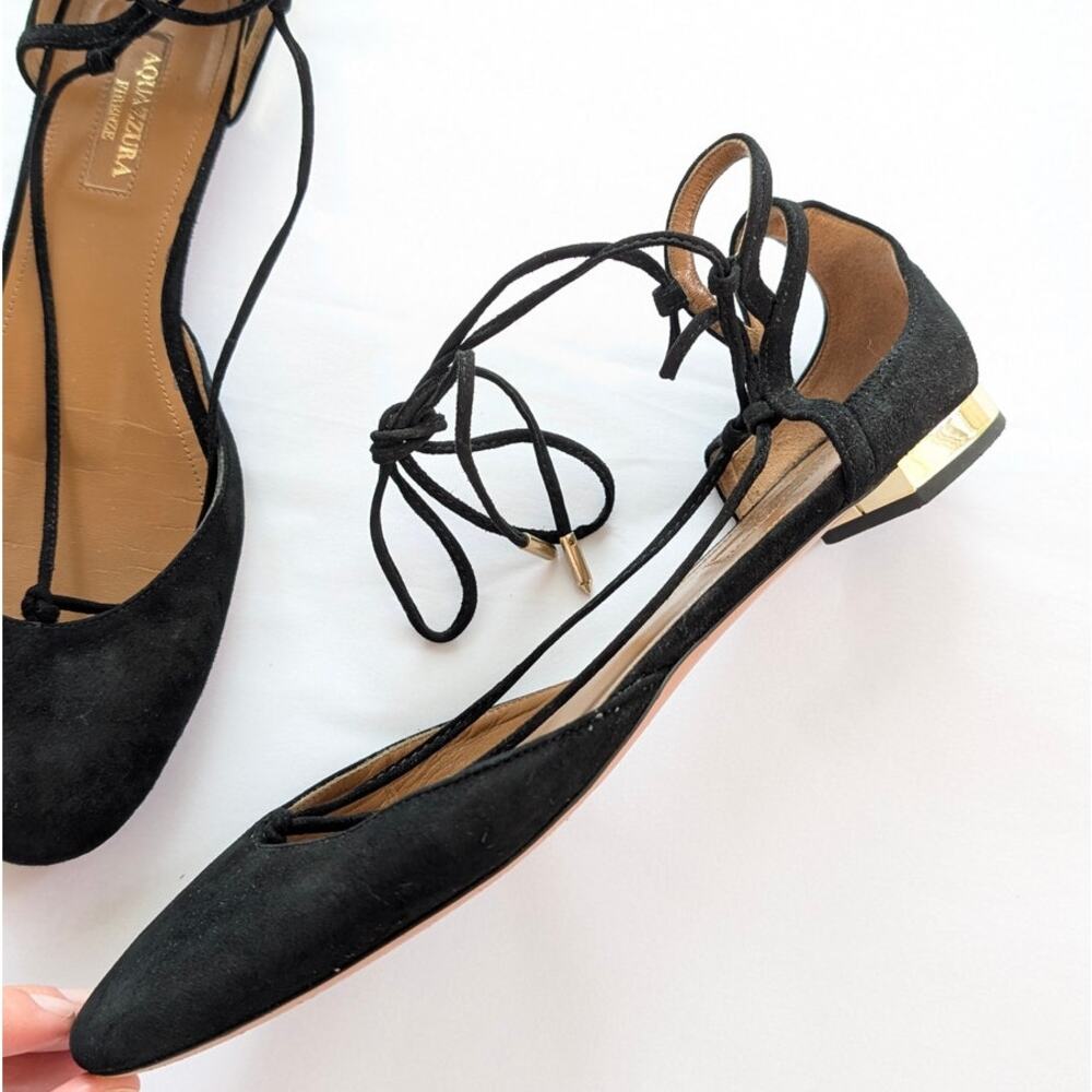Aquazzura Black Suede Dancer Lace Up Strappy Ballet Flats, Size 38/US8 - Picture 3 of 4